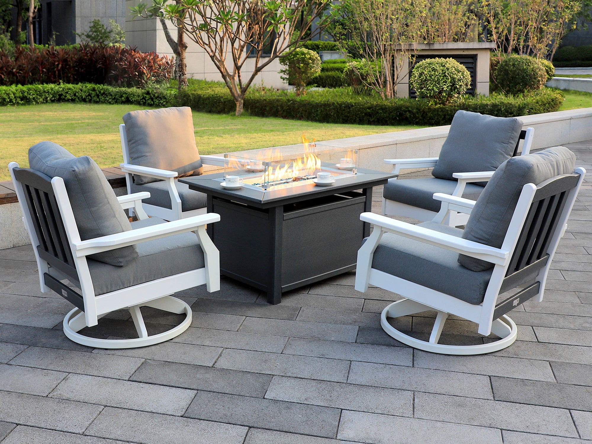 Rectangle Fire Pit Table with Four Two-Tone Aspen Rock-Swivel Chair