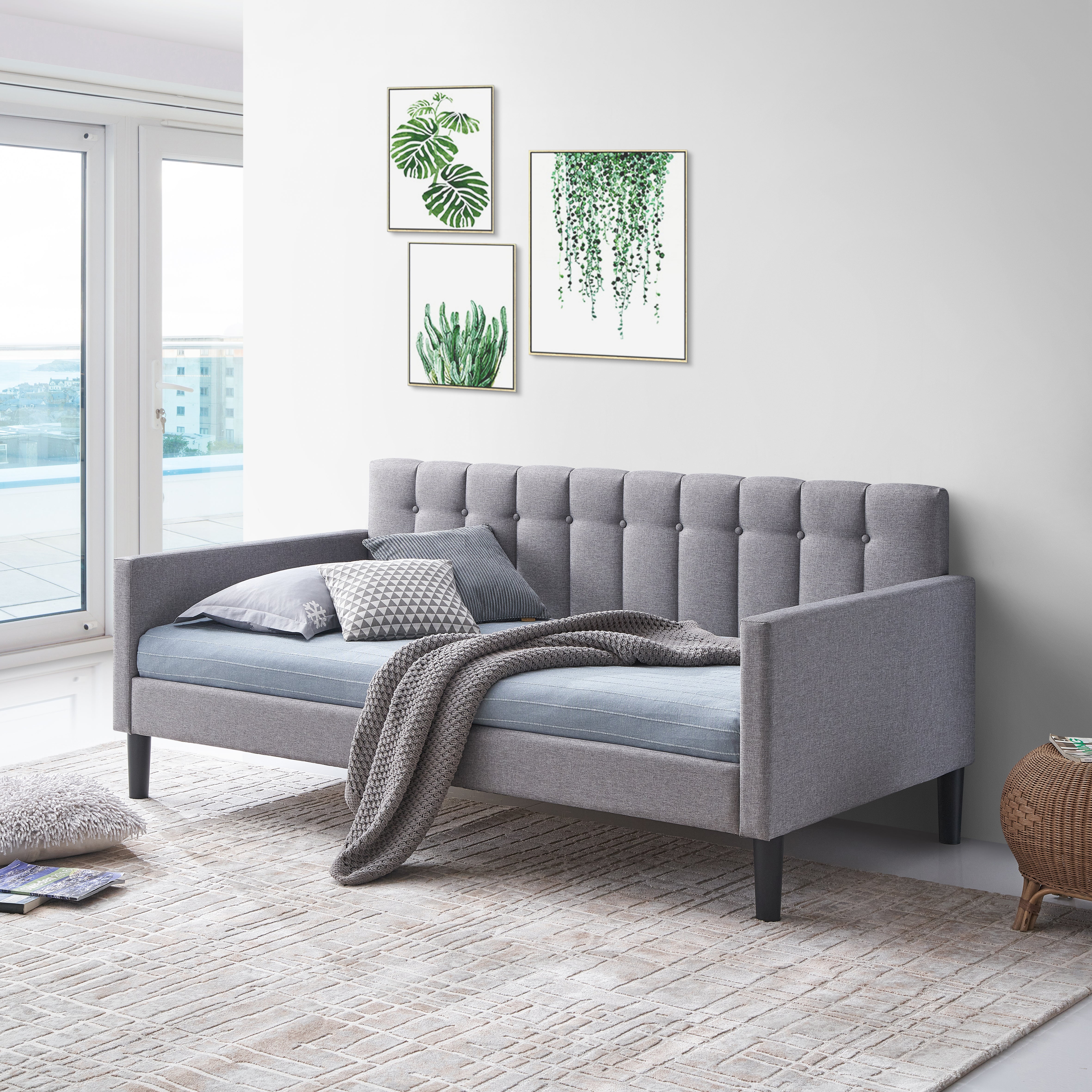 LuXeo Dana Twin Size Upholstered Day Bed in Gray Fabric