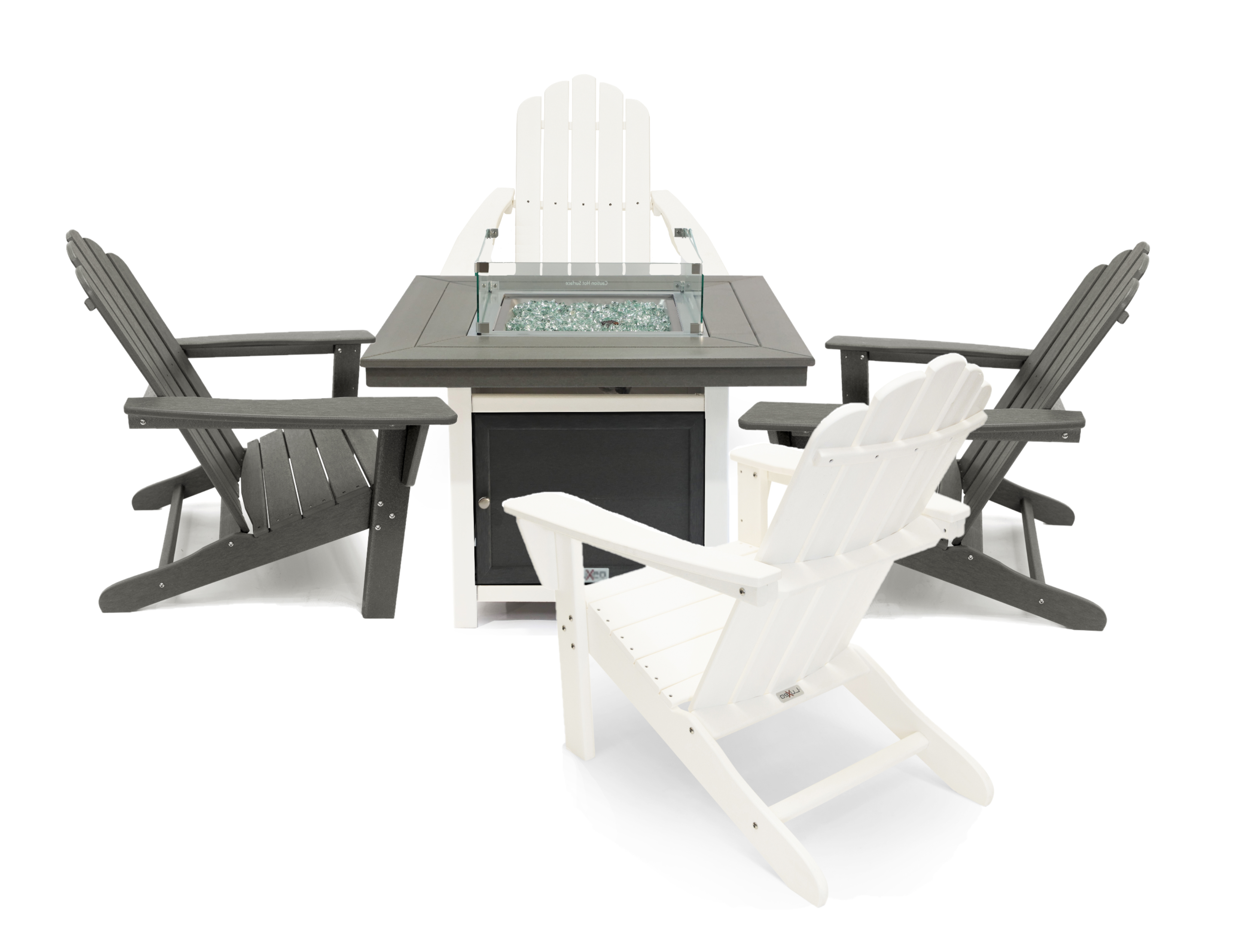 LuXeo Park City 42" Two-Tone Fire Pit Table, Square Top with Four Marina Chairs