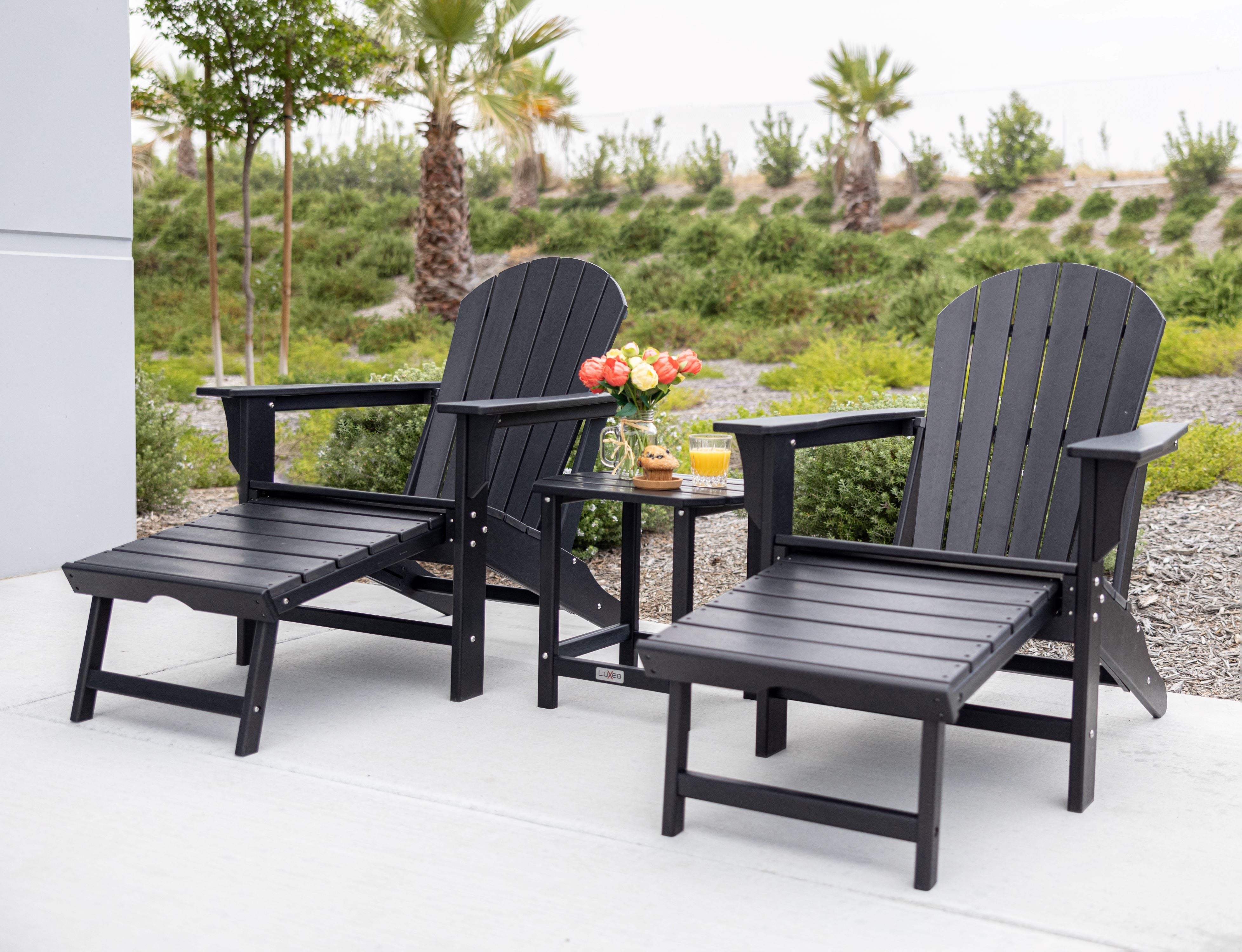 LuXeo Hampton HDPE Adirondack Chair with Hideaway Ottoman and Table Set (3-PIece)