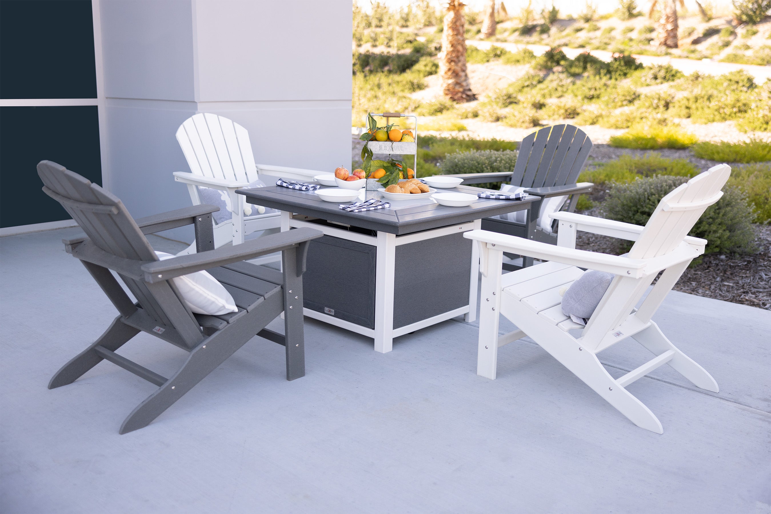 LuXeo Park City 42" Two-Tone Fire Pit Table, Square Top with Four Hampton Chairs