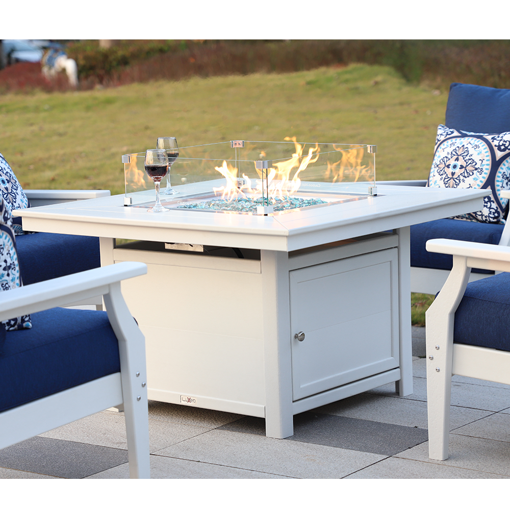 LuXeo Park City 25" (H) x42" (W) Square Poly FirePit Table with Glass Flame-Wind Guard SET