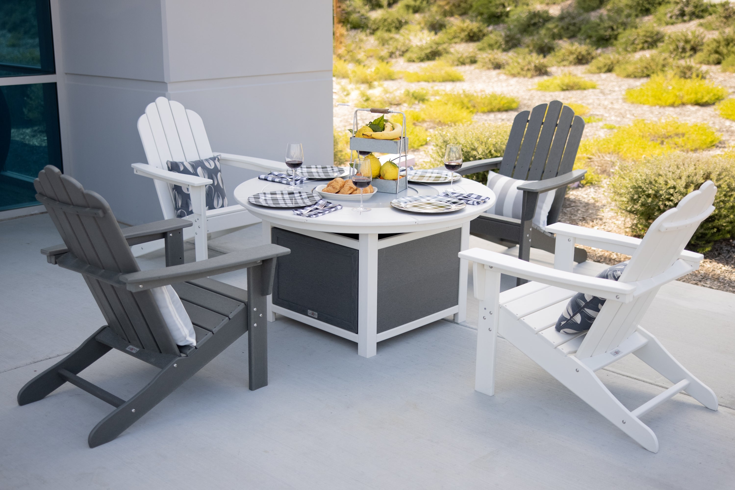 Vail 48" Two-Tone Fire Pit Table, Round Top with Four Marina Chairs