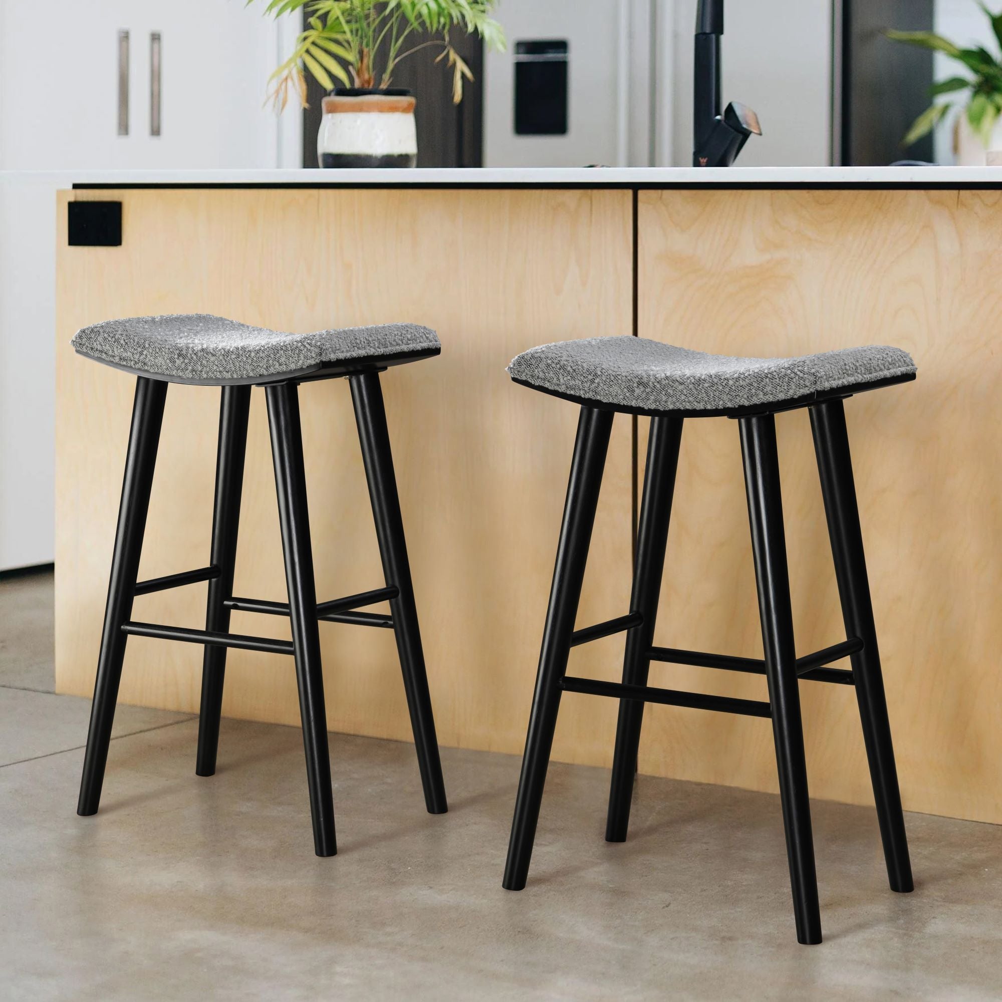 LuXeo Luna Backless Wood Saddle Bar Stools with Boucle Fabric Seat (Se