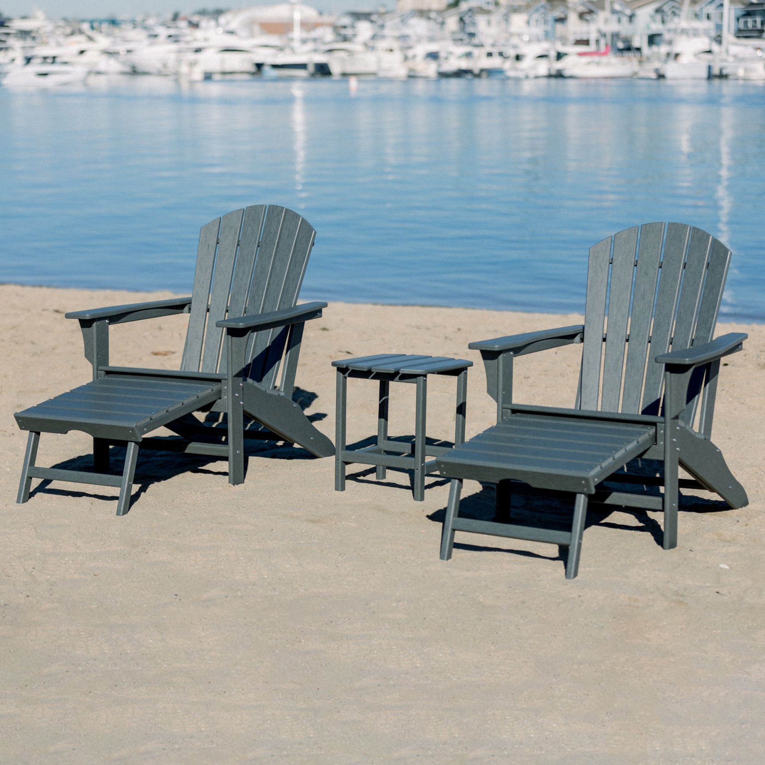 Hampton HDPE Adirondack Chair with Hideaway Ottoman and Table Set