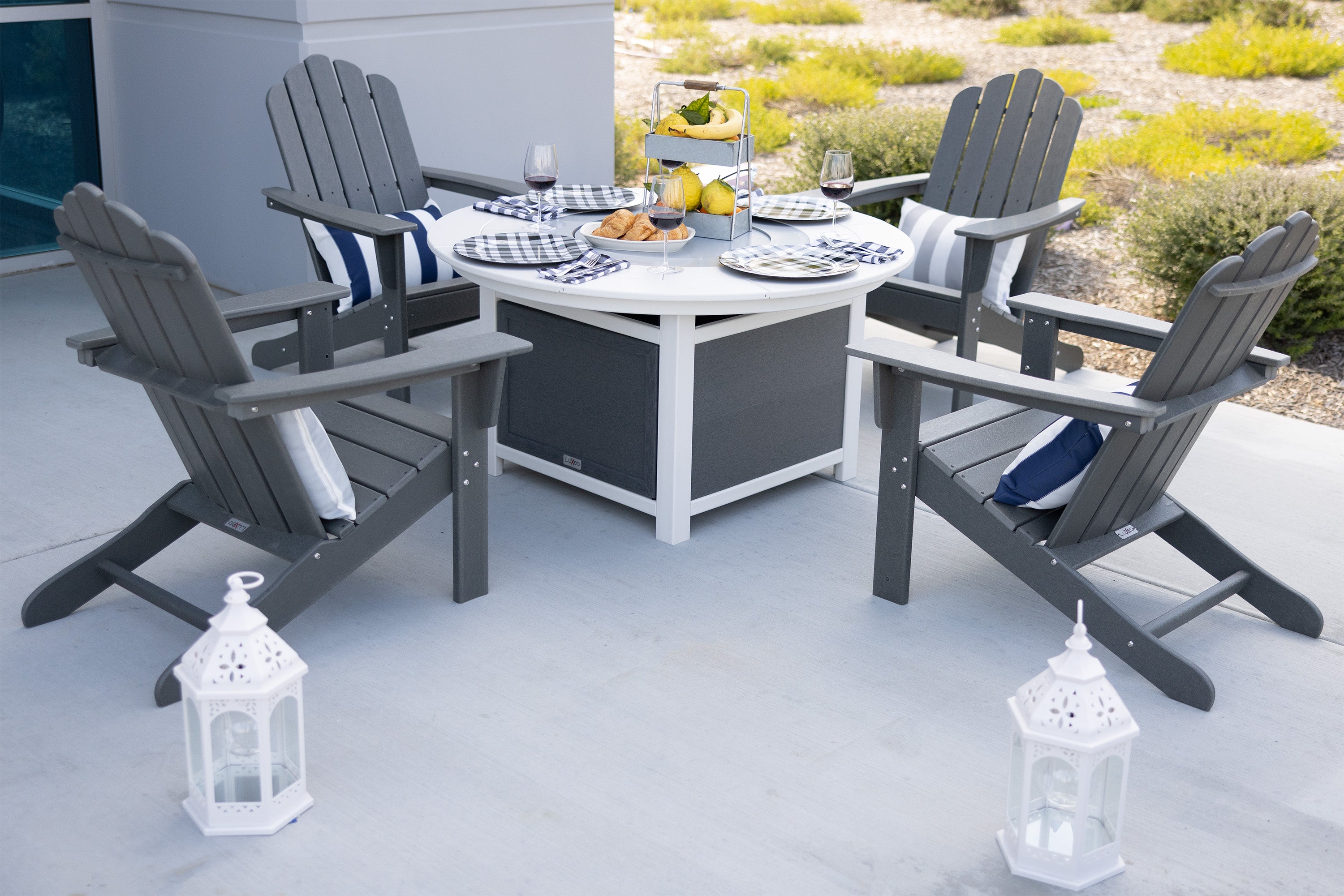 LuXeo Vail 48" Two-Tone Fire Pit Table, Round Top with Four Marina Chairs