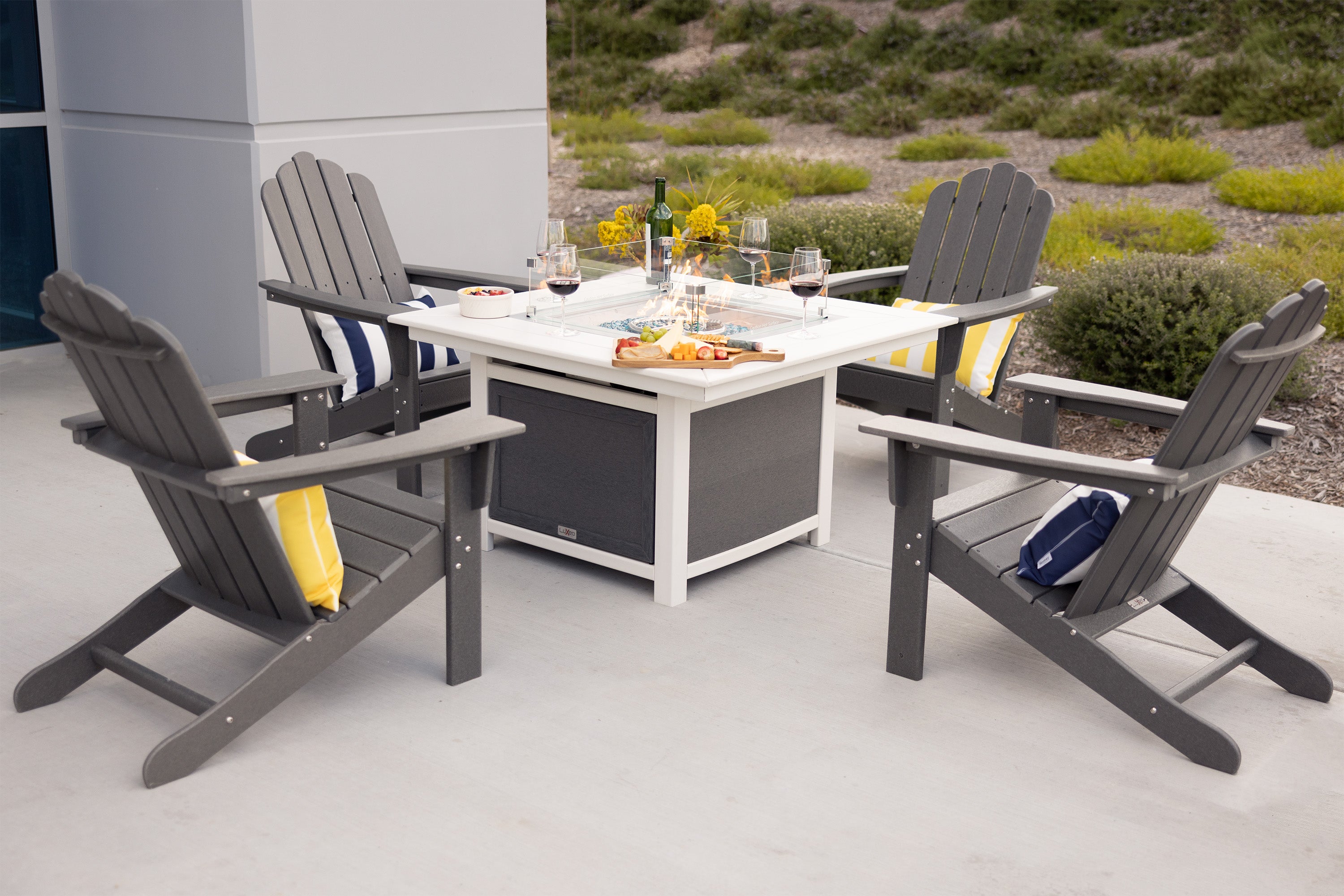 LuXeo Park City 42" Two-Tone Fire Pit Table, Square Top with Four Marina Chairs