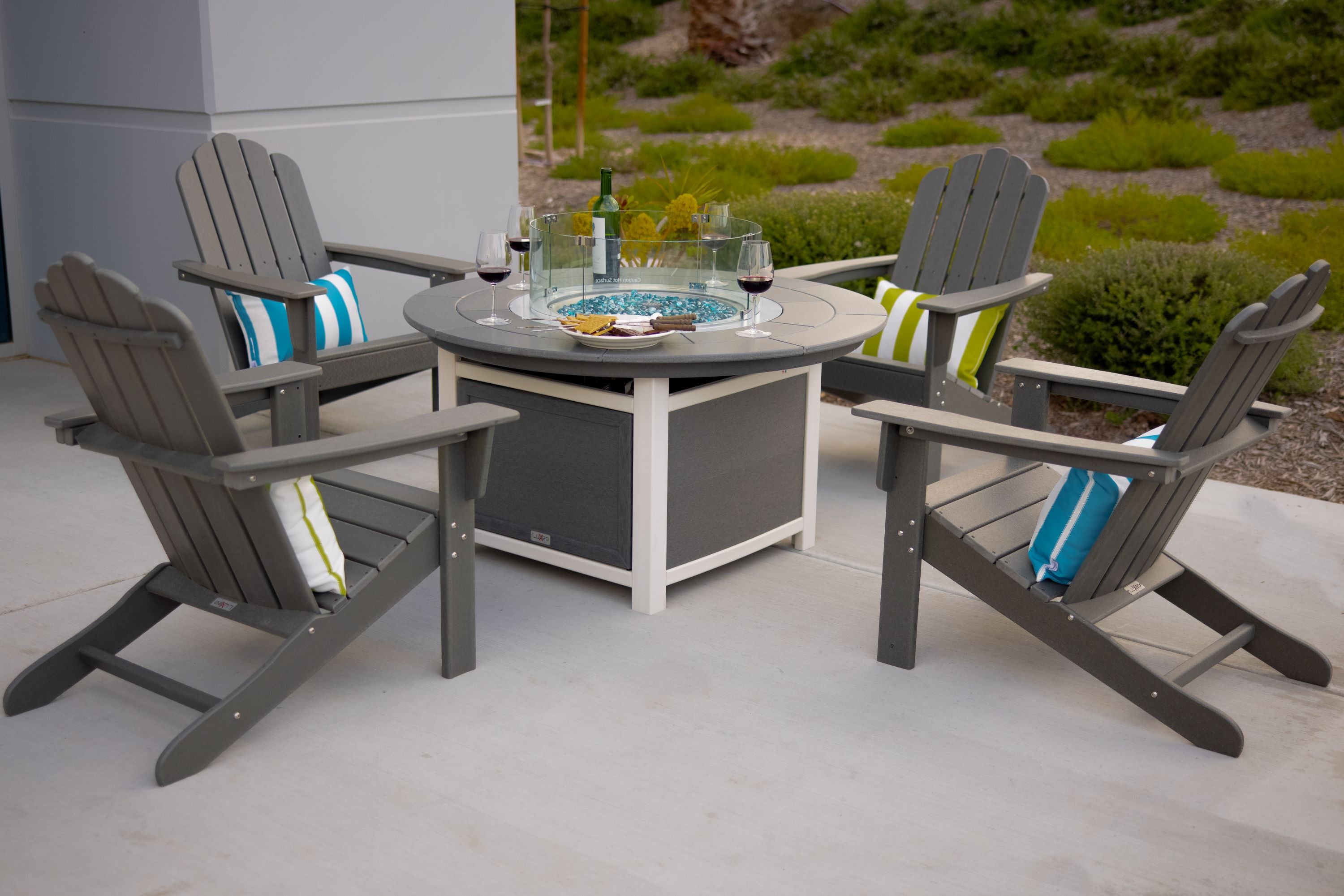 LuXeo Vail 48" Two-Tone Fire Pit Table, Round Top with Four Marina Chairs