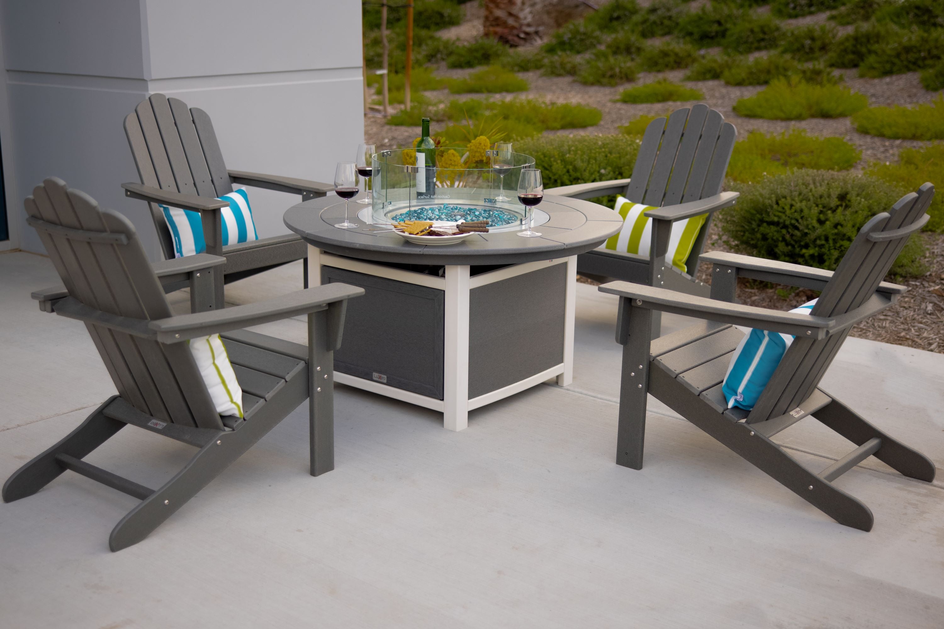 Vail 48" Two-Tone Fire Pit Table, Round Top with Four Marina Chairs