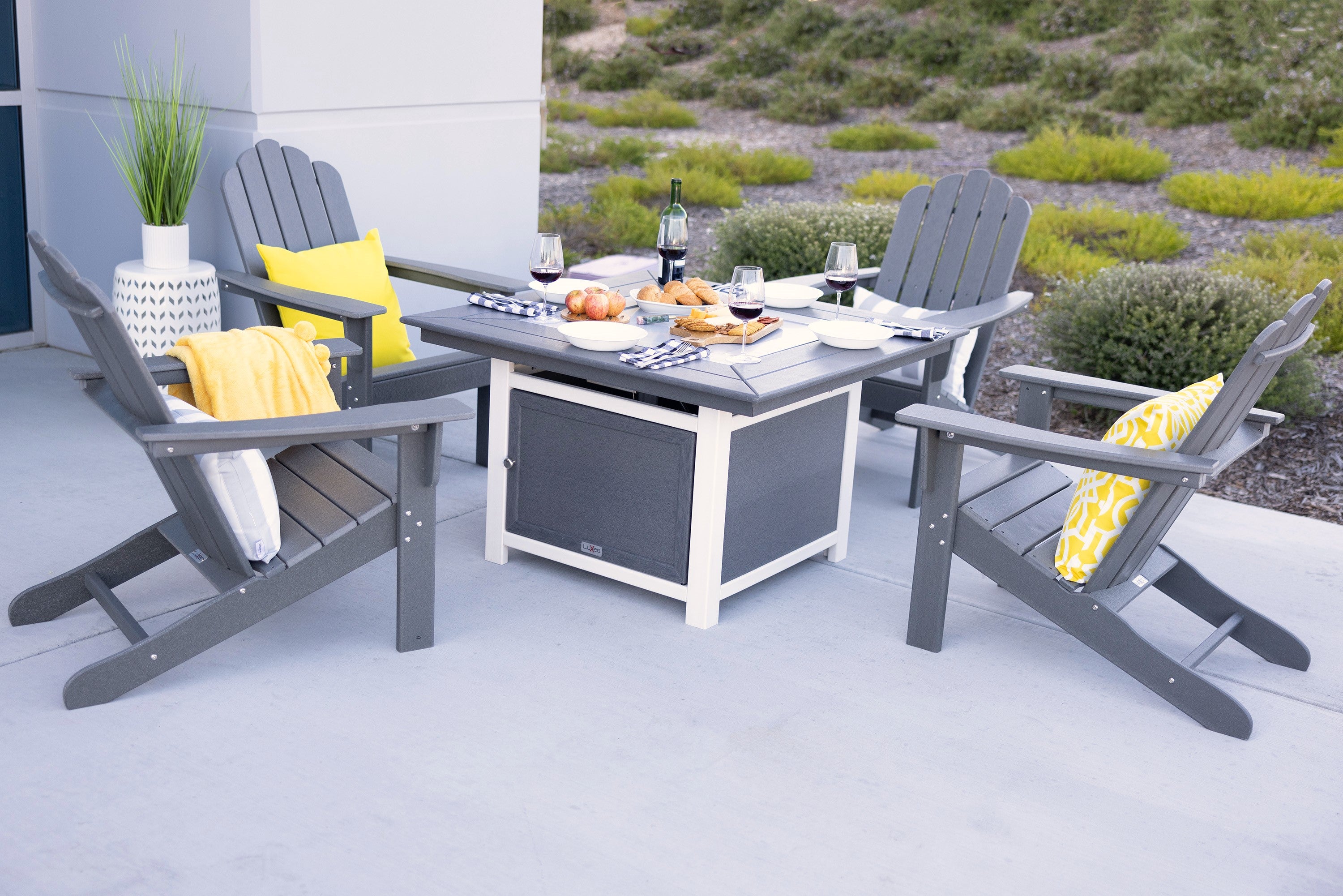 Park City 42" Two-Tone Fire Pit Table, Square Top with Four Marina Chairs