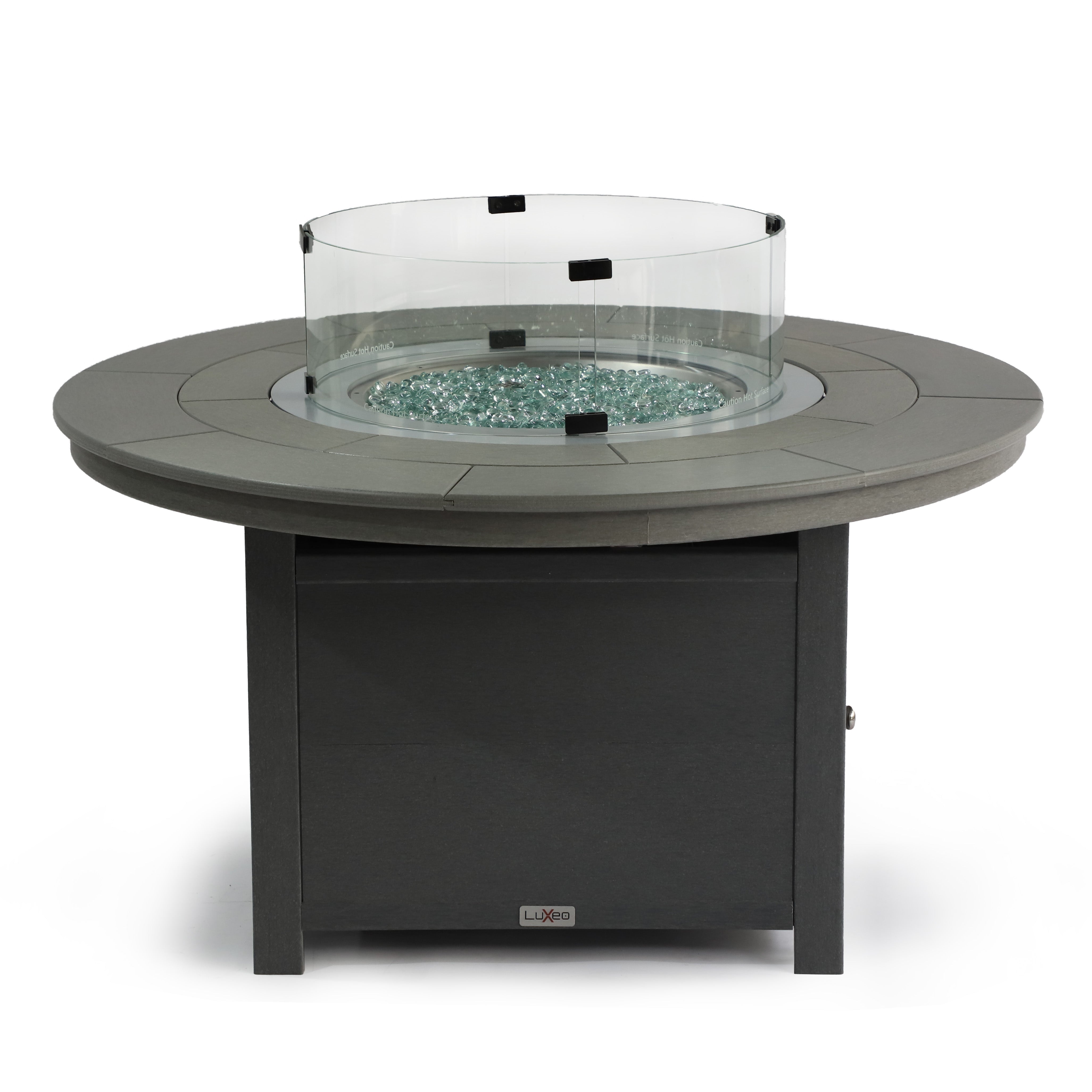 LuXeo Vail 25"(H) x 48"(W) Round Poly FirePit Table with Glass Flame-Wind Guard SET