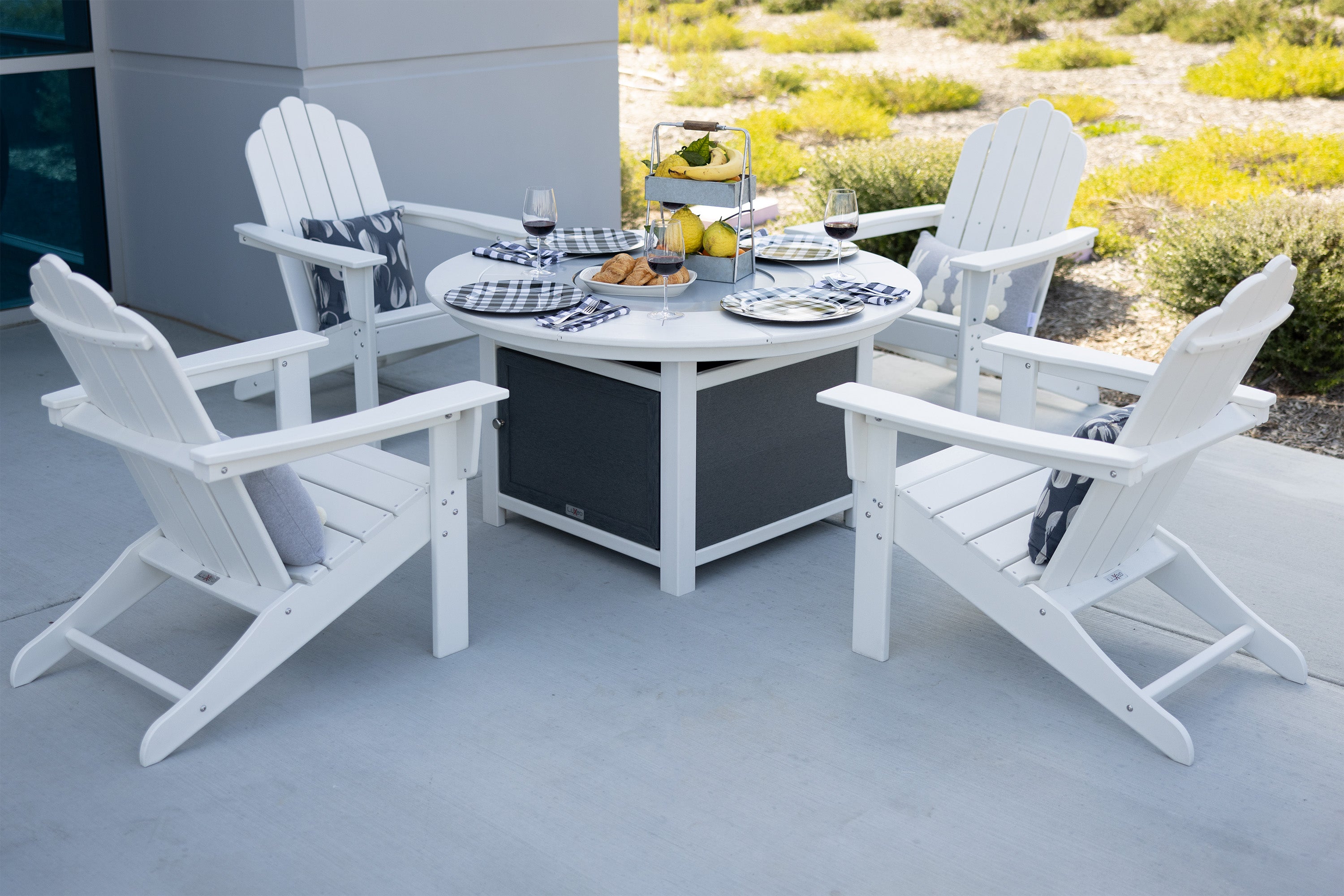 LuXeo Vail 48" Two-Tone Fire Pit Table, Round Top with Four Marina Chairs