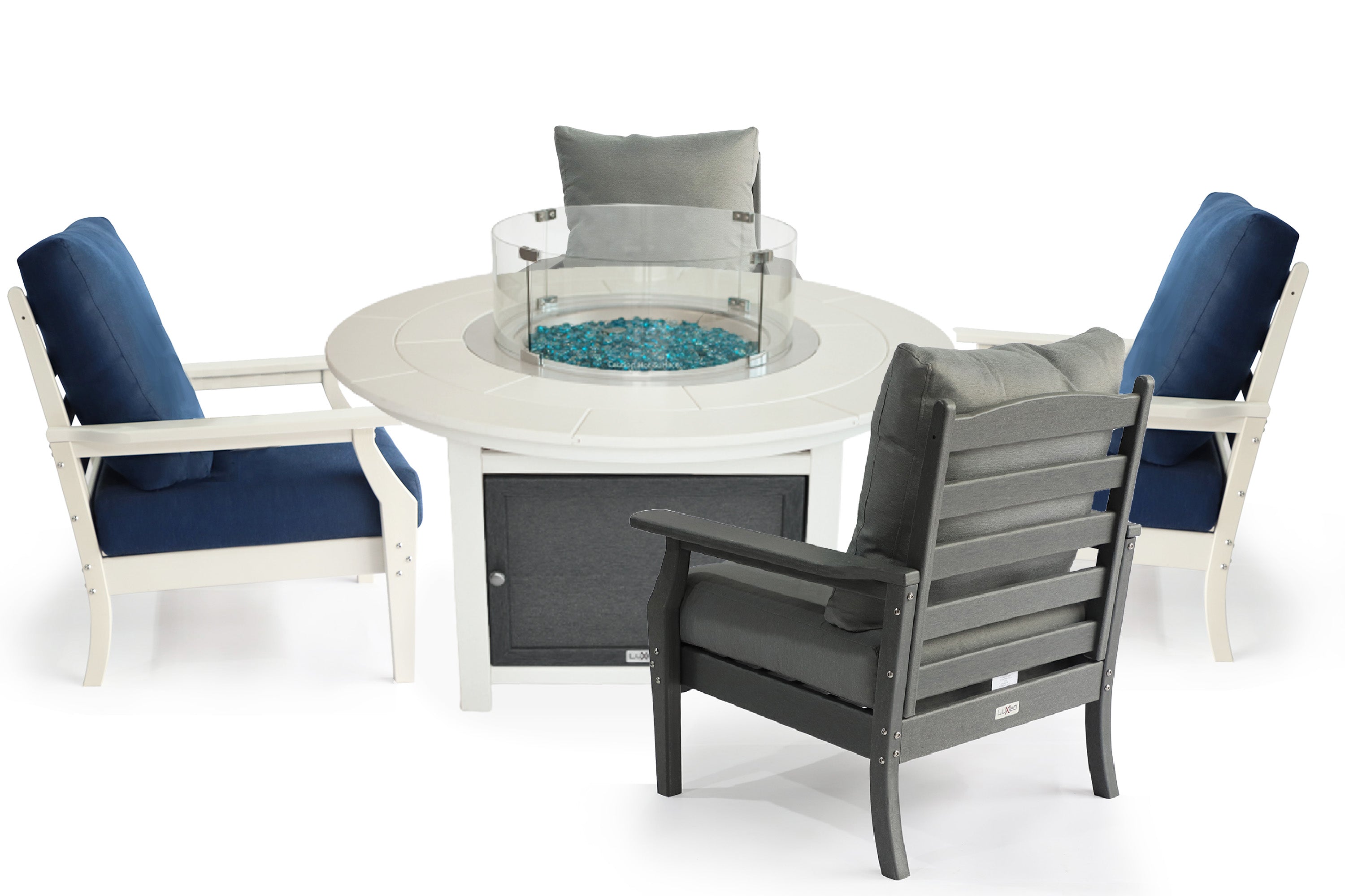 LuXeo Vail 48" Two Tone Fire Pit, Round Top with Four Aspen Chairs