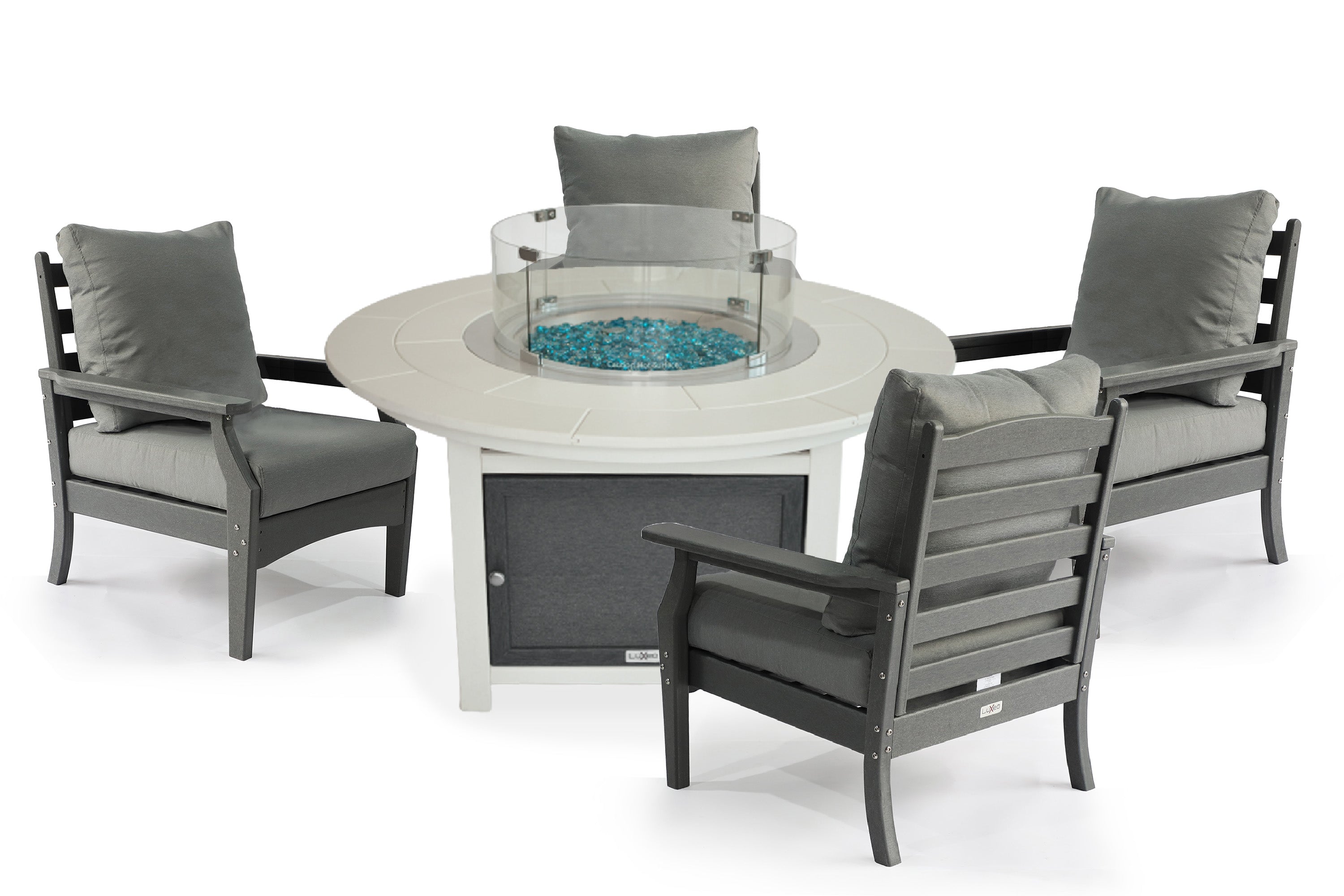 LuXeo Vail 48" Two Tone Fire Pit, Round Top with Four Aspen Chairs