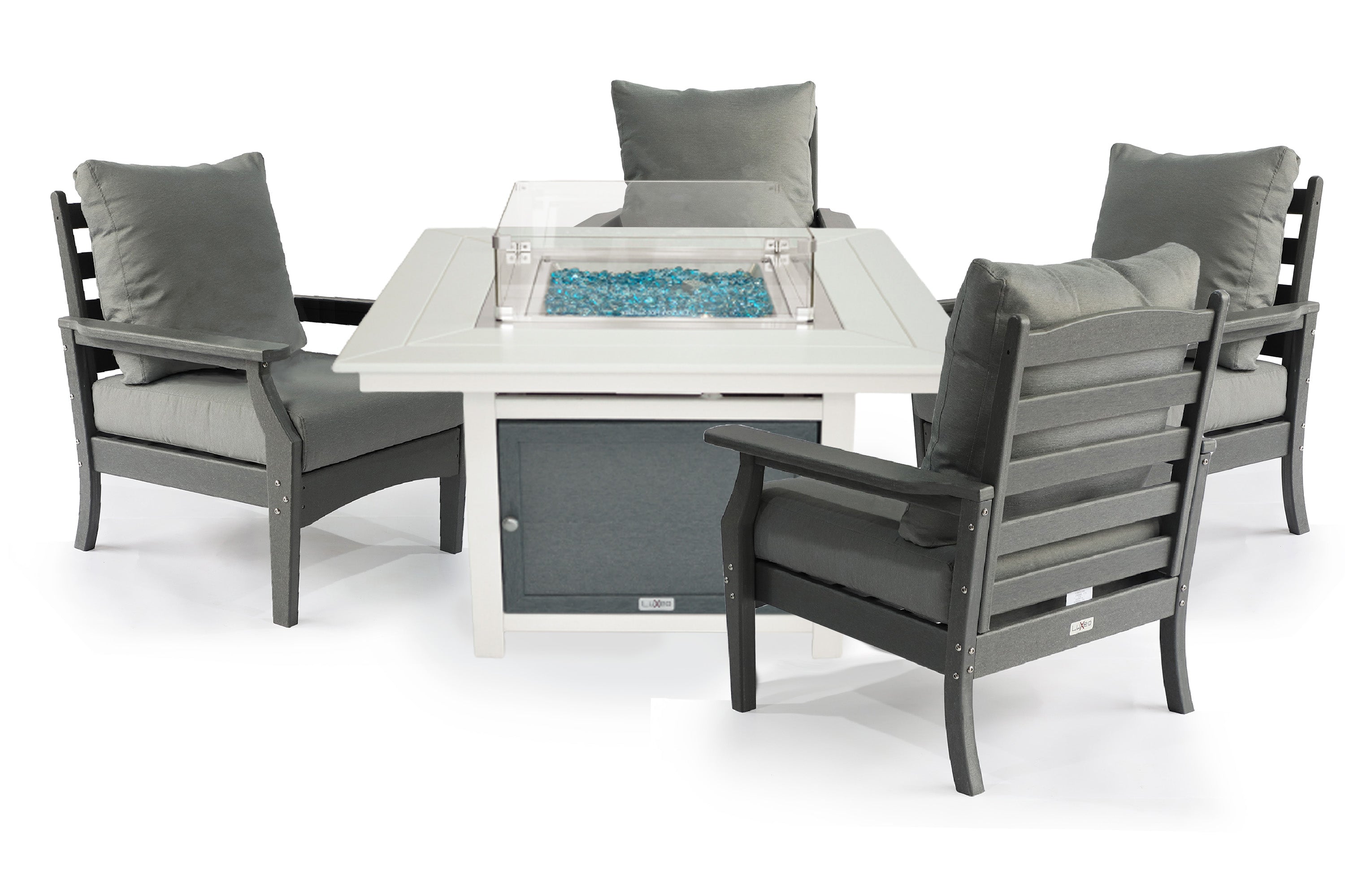 Park City 42" Two Tone Fire Pit, Square Top with Four Aspen Chairs